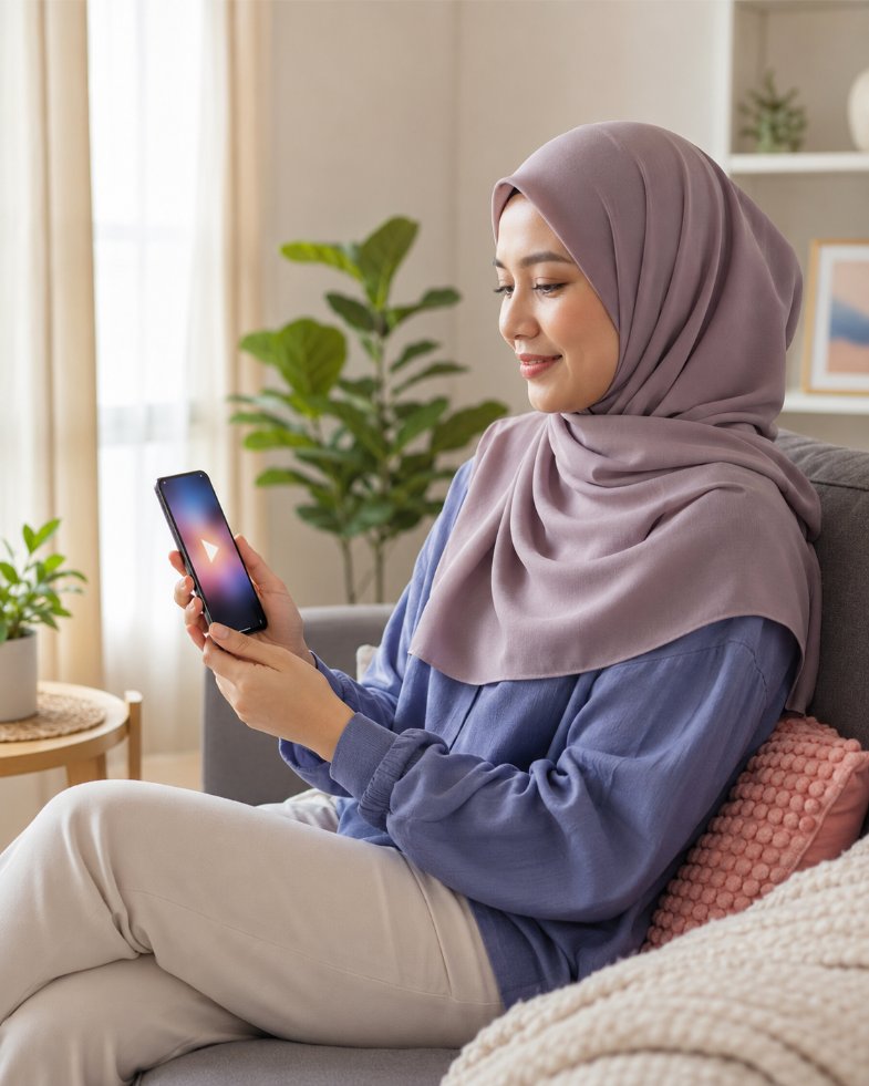 Wanita Malaysia berhijab sedang menonton video menggunakan telefon pintar di rumah